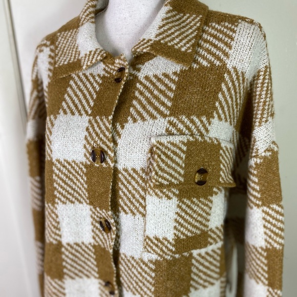 Cato women Sz L Checkered plaid buttoned Utility Shirt Jacket pocket brown white - Picture 4 of 11